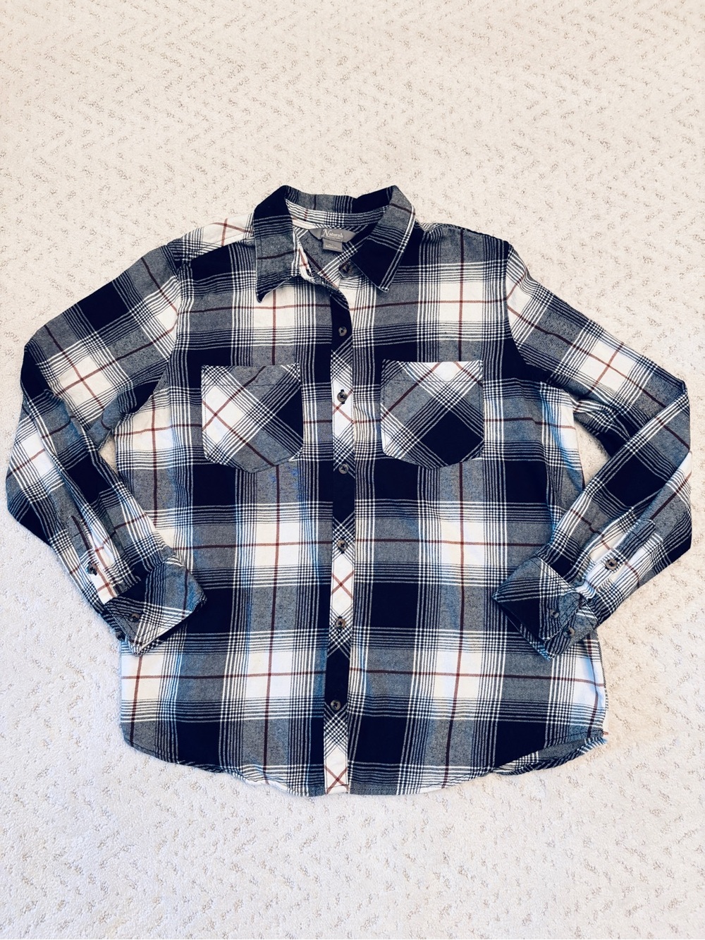 Natural Reflections Flannel Shirt Size L Black White Plaid Cotton Button Up Fall